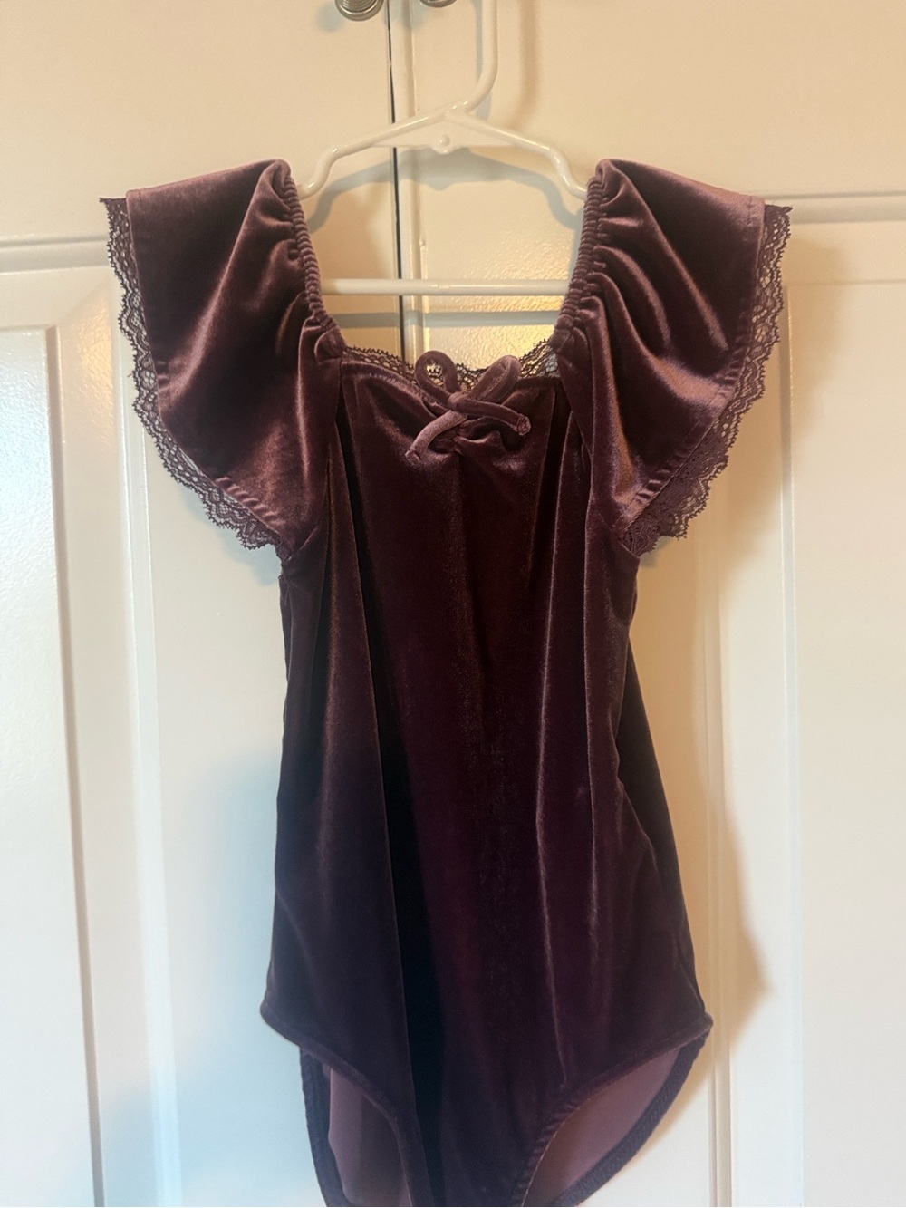 Zara Plum Velvet Lace-Trim Flutter Sleeve Bodysuit